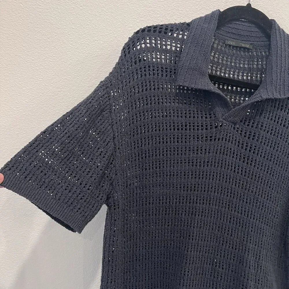 ZARA Man Knit Polo Shirt With Openwork Stitch - Navy Blue - Large Lagenlook Boho